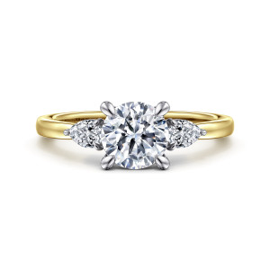 Gabriel & Co. ER16551R4M44JJ 14 karat white and yellow gold Contemporary engagement ring, front view of a round center between two pear shaped side stones on a smooth plain band