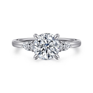 Gabriel & Co. ER16551R6W44JJ 14 karat white gold Contemporary engagement ring, front view of a round center flanked by two pear shaped stones with their points outward