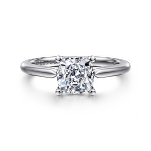 Gabriel & Co. ER16561C6W4JJJ 14 karat white gold Contemporary engagement ring, front view of a cushion cut center in four ball tipped prongs on a plain polished band