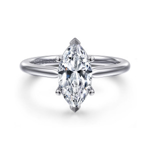 Gabriel & Co. ER16561M6W4JJJ 14 karat white gold Contemporary engagement ring, front view of a marquise center gripped by pointed tip prongs at both ends