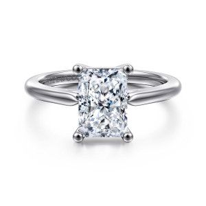 Gabriel & Co. ER16561N8W4JJJ 14 karat white gold Contemporary engagement ring, front view of a radiant cut center held at each corner by a ball tipped prong