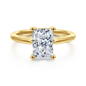 Gabriel & Co. ER16561N8Y4JJJ 14 karat yellow gold Contemporary engagement ring, front view of a rectangular center with clipped corners held by four ball tipped prongs