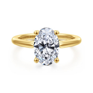 Gabriel & Co. ER16561O8Y4JJJ 14 karat yellow gold Contemporary engagement ring, front view of the oval center between four ball tipped prongs on a smooth, stone free band