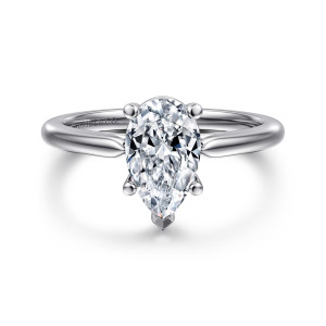 Gabriel & Co. ER16561P6W4JJJ 14 karat white gold Contemporary engagement ring, front view of a pear center with ball tipped prongs and a V shaped tip at its point