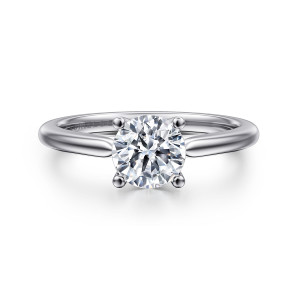 Gabriel & Co. ER16561R4W4JJJ 14 karat white gold Contemporary engagement ring, front view of a round center held by four ball tipped prongs on a smooth band
