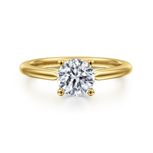 Gabriel & Co. ER16561R4Y4JJJ 14 karat yellow gold Contemporary engagement ring, front view of a round center held by ball tipped prongs on a smooth tapered band