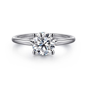 Gabriel & Co. ER16561R6W4JJJ 14 karat white gold Contemporary engagement ring, front view of the round center held by ball tipped prongs on a smooth slim band