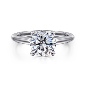 Gabriel & Co. ER16561R8W4JJJ 14 karat white gold Contemporary engagement ring, front view of a round center held by four button tipped prongs