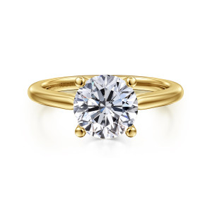 Gabriel & Co. ER16561R8Y4JJJ 14 karat yellow gold Contemporary engagement ring, front view of a round center held by four ball tipped prongs on a smooth band