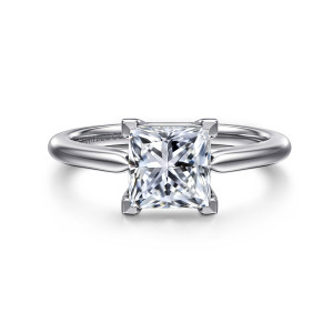 Gabriel & Co. ER16561S6W4JJJ 14 karat white gold Contemporary engagement ring, front view of the square center held by flat faced corner prongs on a plain smooth band