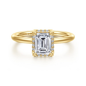 Gabriel & Co. ER16565E4Y44JJ 14 karat yellow gold Contemporary engagement ring, front view of an emerald cut center framed by a fine row of small diamonds and four prongs