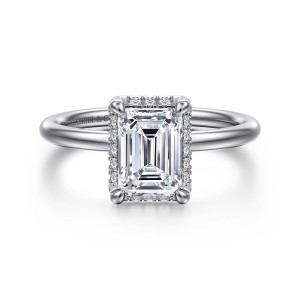 Gabriel & Co. ER16565E6W44JJ 14 karat white gold Contemporary engagement ring, front view of rounded corner prongs with tiny diamonds trimming the head below the center