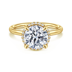 Gabriel & Co. ER16565R10Y44JJ 14 karat yellow gold Contemporary engagement ring, front view of a round center with rounded prongs and small diamonds peeking out around its edge