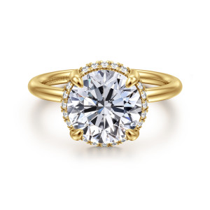 Gabriel & Co. ER16565R12Y44JJ 14 karat yellow gold Contemporary engagement ring, front view of a round center with a narrow rim of small diamonds showing around it
