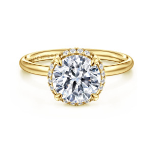 Gabriel & Co. ER16565R8Y44JJ 14 karat yellow gold Contemporary engagement ring, front view of a round center with a thin line of small diamonds showing around its edge