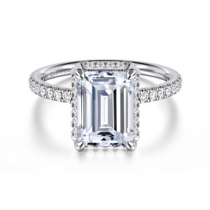 Gabriel & Co. ER16566E12W44JJ 14 karat white gold Contemporary engagement ring, front view of an emerald cut center with corner prongs and a beaded edge of small stones