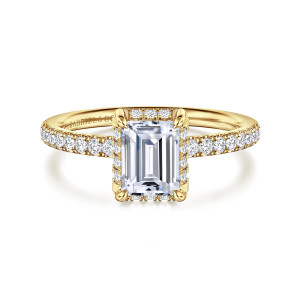 Gabriel & Co. ER16566E4Y44JJ 14 karat yellow gold Contemporary engagement ring, front view of an emerald cut center in a squared head with claw prongs at the corners