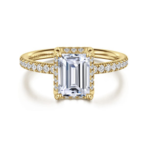 Gabriel & Co. ER16566E6Y44JJ 14 karat yellow gold Contemporary engagement ring, front view of an emerald cut center with claw prongs and small diamonds framing its base