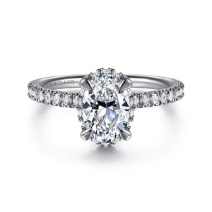 Gabriel & Co. ER16566O4W44JJ 14 karat white gold Contemporary engagement ring, front view of an oval center with small diamonds showing around its base