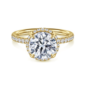 Gabriel & Co. ER16566R10Y44JJ 14 karat yellow gold Contemporary engagement ring, front view of a round center with small diamonds circling its edge and along the band