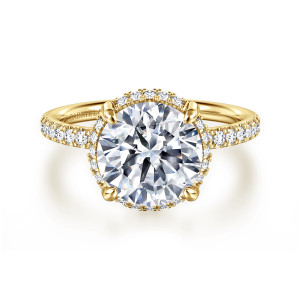 Gabriel & Co. ER16566R12Y44JJ 14 karat yellow gold Contemporary engagement ring, front view of the round center with a fine halo edge showing between four prongs