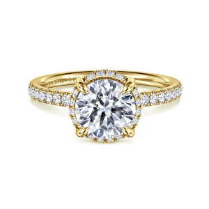 Gabriel & Co. ER16566R6Y44JJ 14 karat yellow gold Contemporary engagement ring, front view of small diamonds peeking around the round center between flat tipped prongs