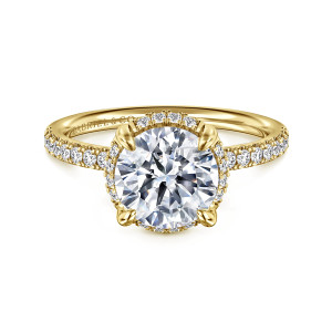 Gabriel & Co. ER16566R8Y44JJ 14 karat yellow gold Contemporary engagement ring, front view of a round center edged by small diamonds beneath it, with rounded prong tips