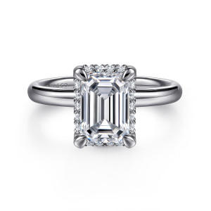 Gabriel & Co. ER16567E8W44JJ 14 karat white gold Contemporary engagement ring, front view of an emerald cut center framed by small stones with rounded corner prongs