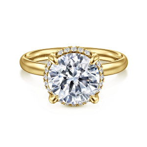 Gabriel & Co. ER16567R12Y44JJ 14 karat yellow gold Contemporary engagement ring, front view of a round center with a fine ring of small diamonds showing just below its edge