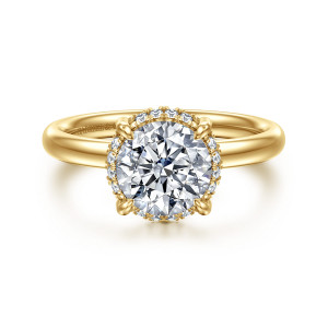 Gabriel & Co. ER16567R6Y44JJ 14 karat yellow gold Contemporary engagement ring, front view of a round center with a thin diamond border below its edge between four prongs