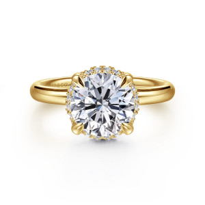 Gabriel & Co. ER16567R8Y44JJ 14 karat yellow gold Contemporary engagement ring, front view of a round center with small diamonds showing at its rim above a plain band