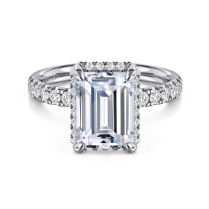 Gabriel & Co. ER16568E12W44JJ 14 karat white gold Contemporary engagement ring, front view of an emerald cut center framed at its edges by small diamonds