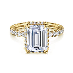 Gabriel & Co. ER16568E12Y44JJ 14 karat yellow gold Contemporary engagement ring, front view of an emerald cut center with a rectangular line of tiny diamonds along its lower edge