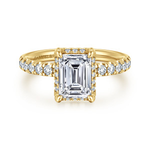 Gabriel & Co. ER16568E6Y44JJ 14 karat yellow gold Contemporary engagement ring, front view of an emerald cut center with corner claws and a thin frame of stones around it