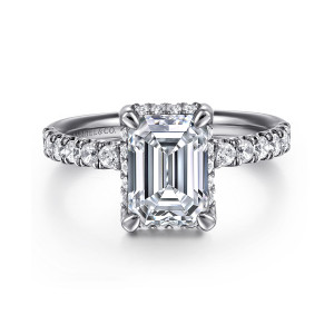 Gabriel & Co. ER16568E8W44JJ 14 karat white gold Contemporary engagement ring, front view of an emerald cut center with a fine collar of stones showing at its edges