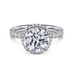 Gabriel & Co. ER16568R12W44JJ 14 karat white gold Contemporary engagement ring, front view of a large round center with a thin diamond rim and diamonds on the shoulders
