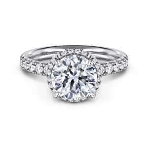Gabriel & Co. ER16568R8W44JJ 14 karat white gold Contemporary engagement ring, front view of the round seat with four prongs and diamonds gathered close around its edge