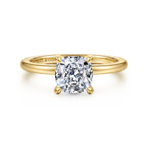Gabriel & Co. ER16569C6Y4JJJ 14 karat yellow gold Contemporary engagement ring, front view of a cushion shaped center between four rounded prong tips on a slim band