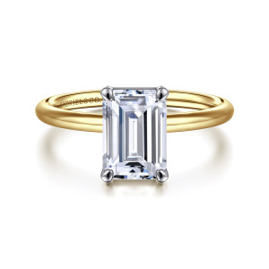 Gabriel & Co. ER16569E8M4JJJ 14 karat white and yellow gold Contemporary engagement ring, front view of a rectangular step cut center in rounded prongs on a slim, smooth hoop