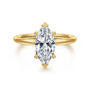 Gabriel & Co. ER16569M6Y4JJJ 14 karat yellow gold Contemporary engagement ring, front view of a marquise center between pointed end prongs on a thin round band