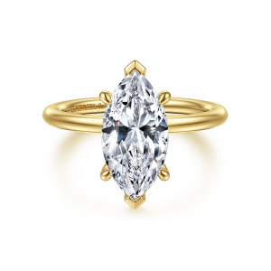 Gabriel & Co. ER16569M8Y4JJJ 14 karat yellow gold Contemporary engagement ring, front view of a marquise center with small V tips at each end above a plain band
