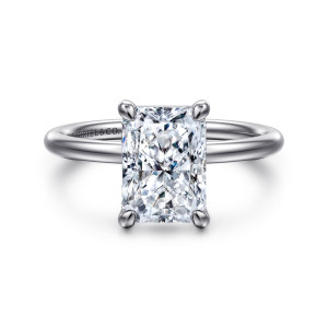 Gabriel & Co. ER16569N10W4JJJ 14 karat white gold Contemporary engagement ring, front view of a rectangular center with a claw prong at each trimmed corner