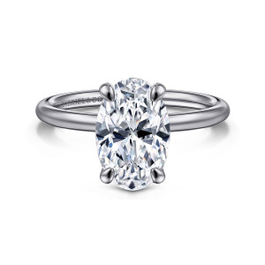 Gabriel & Co. ER16569O10W4JJJ 14 karat white gold Contemporary engagement ring, front view of an oval center in four rounded claws on a thin, plain band