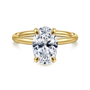 Gabriel & Co. ER16569O10Y4JJJ 14 karat yellow gold Contemporary engagement ring, front view of an oval center in four slim prongs on a thin plain band