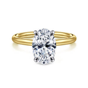 Gabriel & Co. ER16569O8M4JJJ 14 karat white and yellow gold Contemporary engagement ring, front view of an oval center in four rounded claws on a thin plain band