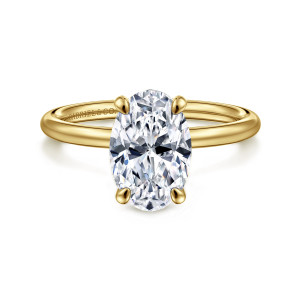Gabriel & Co. ER16569O8Y4JJJ 14 karat yellow gold Contemporary engagement ring, front view of an oval center in rounded claw prongs on a smooth slim band