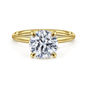 Gabriel & Co. ER16569R10Y4JJJ 14 karat yellow gold Contemporary engagement ring, front view of a round center on four rounded prongs above a plain domed band