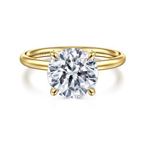 Gabriel & Co. ER16569R12Y4JJJ 14 karat yellow gold Contemporary engagement ring, front view of a round center in four teardrop tipped prongs on a slim plain polished band
