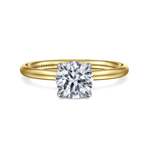 Gabriel & Co. ER16569R4M4JJJ 14 karat white and yellow gold Contemporary engagement ring, front view of a round center in four claw prongs on a slim, smooth band