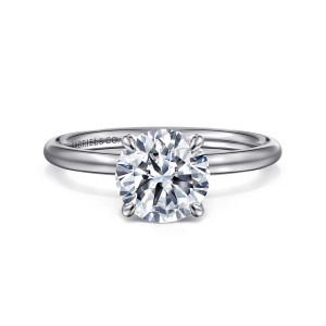 Gabriel & Co. ER16569R6W4JJJ 14 karat white gold Contemporary engagement ring, front view of a round center held by tapered prongs on a slim plain band